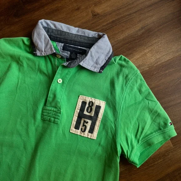 Tommy Hilfiger Vintage Green Rugby Polo Shirt M Patch Logo Short Sleeve Preppy - Picture 3 of 7